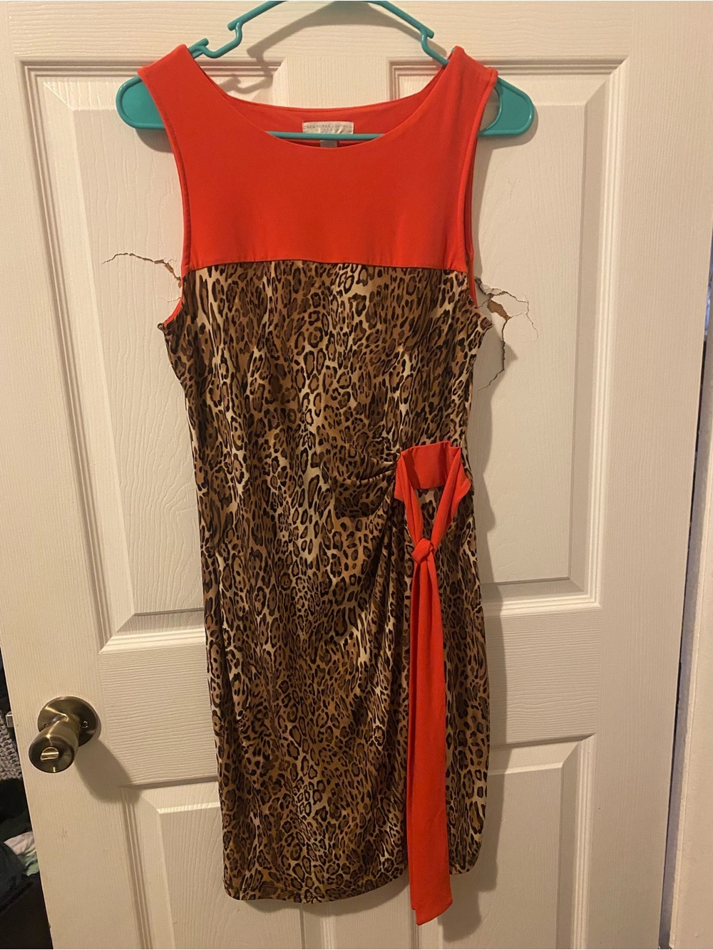 New York & Company Orange and Leopard Print Tie-Waist Dress